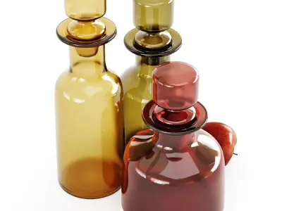 Three decorative glass bottles and red apple 3D model