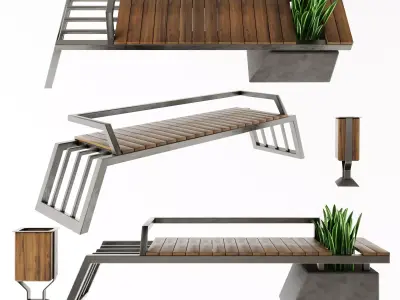 Exterior set 2 urban bench 3D model