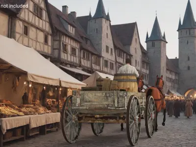  Medieval Peasant with Wagon and Horses 
