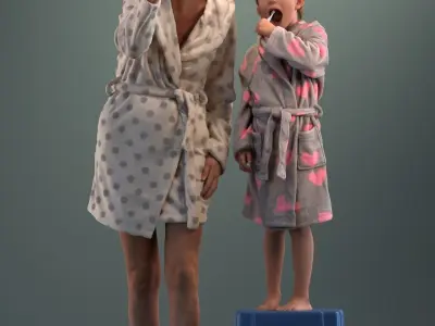 Pre-posed 3D mother and daughter brushing their teeth  3D model