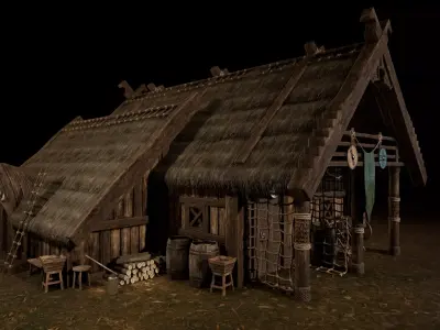 Viking Medieval House 03 with interior and Props Low-poly 3D model