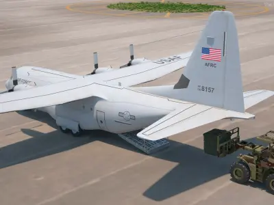  Forklift Loads Cargo to the Lockheed C 130 Hercules 