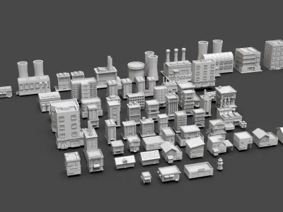 Low Poly City Buildings Pack Of 60 - Game Ready - Untextured  Low-poly 3D model