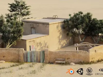 Old Rustic Village House with Farm Tools Low-poly 3D model