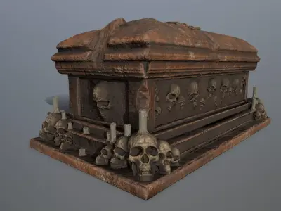 tomb 1 wooden casket with skulls on top Low-poly 3D model