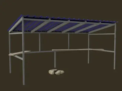 Bus Shelter with Metal Frame Blue Sheet Makeshift Plank Seats Low-poly 3D model