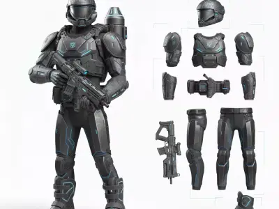 Sci Fi Soldier with Gun Low-poly 3D model