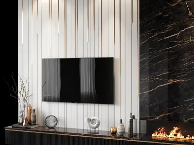 Tv set 3 modern living room with fireplace and 3D model