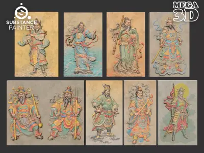 Chinese Temple Walls - Mural Bas relief Colored - 230909 Low-poly 3D model
