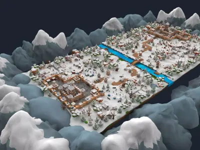 Stylized Cartoon Snow Fantasy Kingdom 3D Scene Model Low-poly 3D model