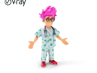 Colorful Animated Doctor with Pink Hair and Glasses Low-poly 3D model