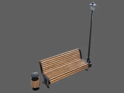 Urban Bench Set - 3 Variations - Trash Bin and Street Lamp Low-poly 3D model