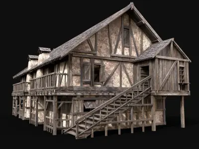 MEDIEVAL ENTERABLE LONG HOUSE HUT FARM COTTAGE WOODEN CABIN AAA Low-poly 3D model