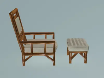 Wooden and cotton armchair with pouf 3D model