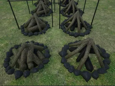 Lowpoly Campfires fire pit in middle of grassy field Low-poly 3D model