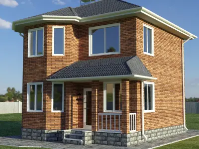 House 3 brick on grassy field 3D model