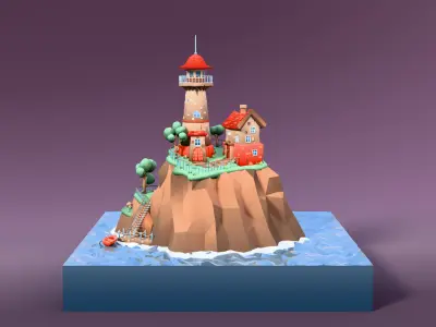 Cartoon low-poly lighthouse on a rocky island Low-poly 3D model