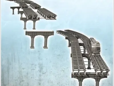 Set of elevated train tracks with modern diesel locomotive 1 - M 3D print model