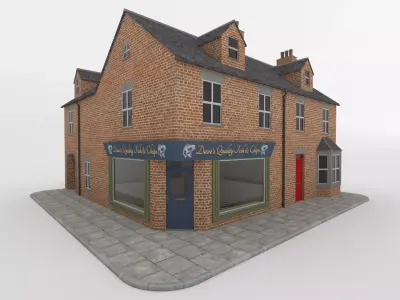  Detailed Victorian Redbrick uk house and shop corner   Low-poly 3D model