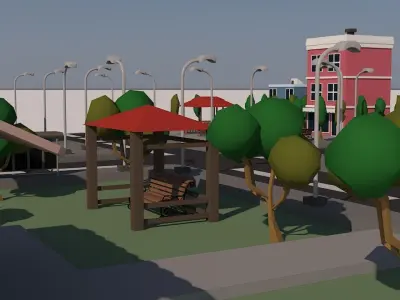 five building street Low-poly 3D model