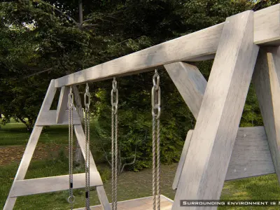 Classic wooden swing set with two seats on the ropes 3D model