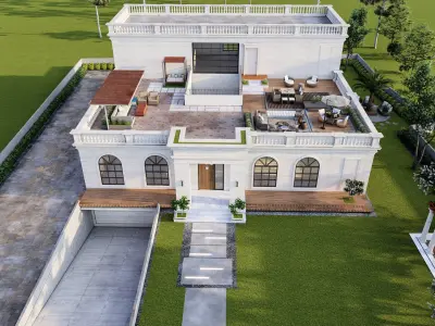 Neoclassical House design with roof top landscape 3D model