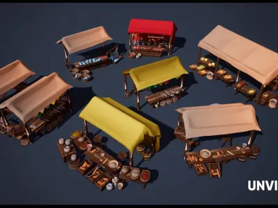 Low Poly Medieval Village - Modular Buildings Streets Markets Low-poly 3D model