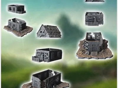 Collapsed two-story wooden structure with broken balcony damaged 3D print model