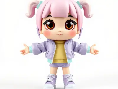 Chibi PinkHaired Girl Character Rigged and Animated Low-poly 3D model