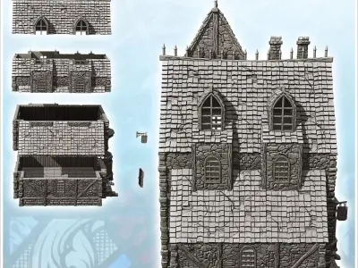 Medieval manor with English-style window roof spikes and stone t 3D print model