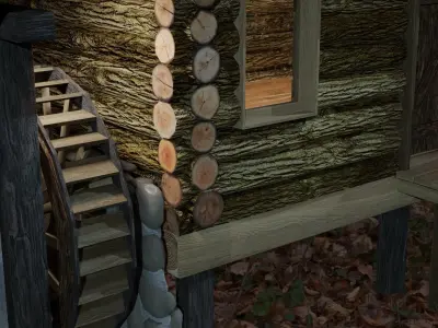 Log cabin and watermill Low-poly 3D model