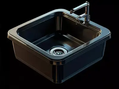 Stylized Metal Kitchen Sink 3D Model with Faucet Low-poly 3D model