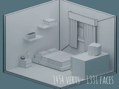 Low-Poly Bedrooms Pack - 5 Bedrooms Low-poly 3D model