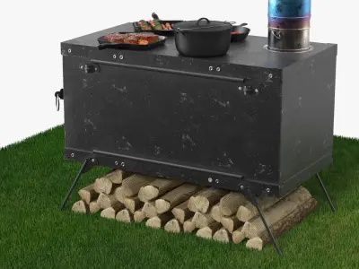 Outdoor Wood Stove with Fire and Cooking Pots Black Fur 