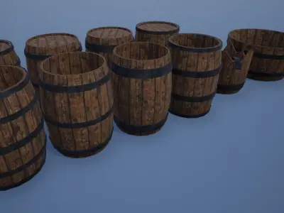Wooden Barrels and Bathtub-bowl Low-poly 3D model