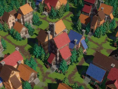 Modular stylized medieval buildings pack Low-poly 3D model
