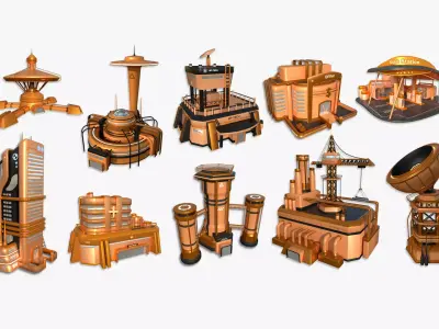 10 Sci Fi Buildings Collection D - Orange - Exterior Design 3D Model Pack