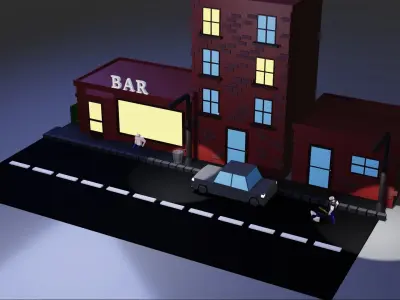 low poly Street bar building at night Low-poly 3D model