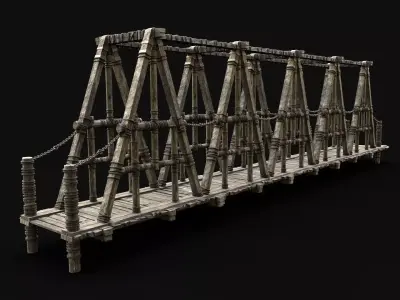 BRIDGE MEDIEVAL WOODEN PLATFORM CONSTRUCTION ENTERABLE Low-poly 3D model
