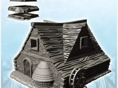 Wooden roofed mill with water wheel and floor 17 - Medieval Goth 3D print model