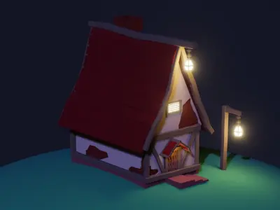 Low Poly House with lamp on roof Low-poly 3D model