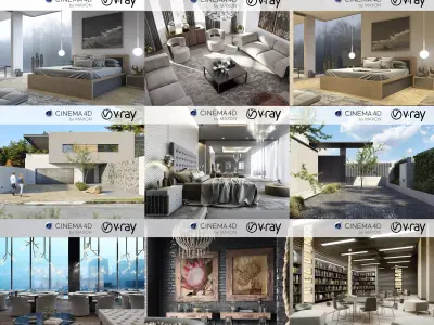 Set 4 - VRay C4D - 8 x Interior and Exterior Scenes 3D Model Pack