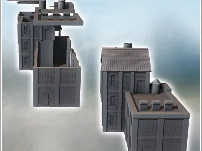 Set of two brick industrial buildings with adjacent tanks and ev 3D print model