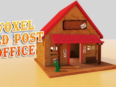 Voxel Wild West Post Office with a cactus and furniture Low-poly 3D model