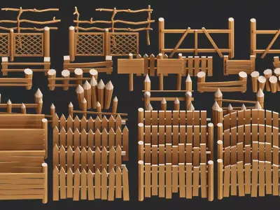cartoon modular wooden fence low poly pack Low-poly 3D model