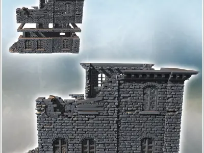 Brick building with missing sections collapsed floors and debris 3D print model