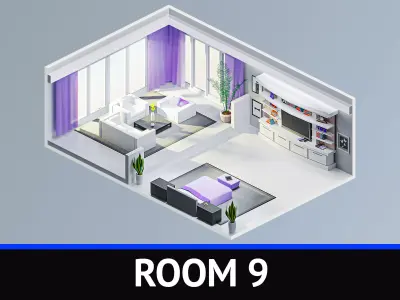 Room 9 living with curtains Low-poly 3D model