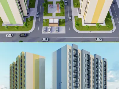 Modern 9-storey residential building and Landscape Low-poly 3D model