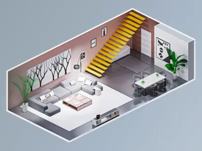 Room 3 living with stairs Low-poly 3D model