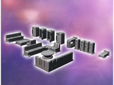 Set of futuristic Sci-Fi interior furniture with beds and sofas  3D print model